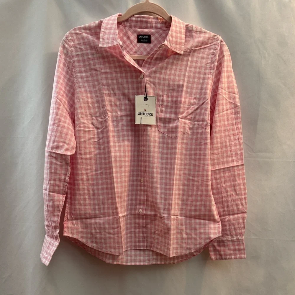 Untuckit Calina Long Sleeve Button Down Pink Gingham Shirt